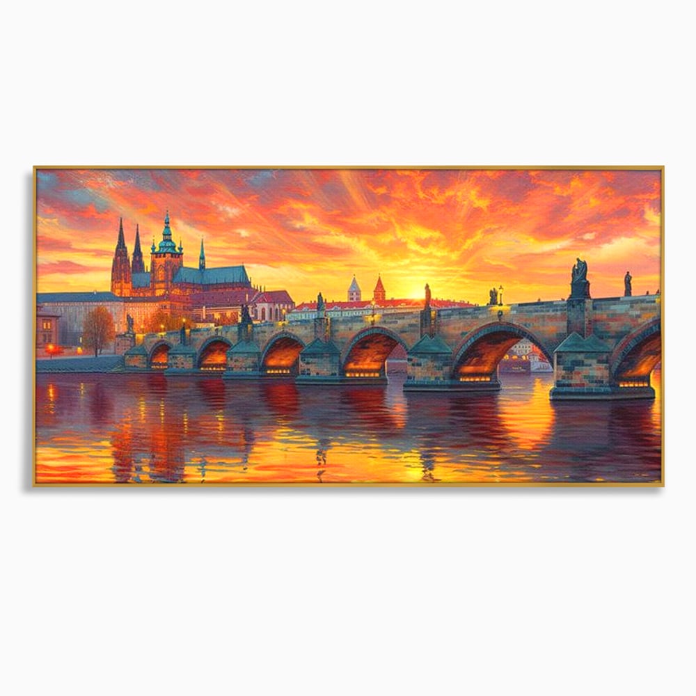Tablou canvas cu tablou canvas cu apus de asfintit peste praga, in rama de aluminiu auriu