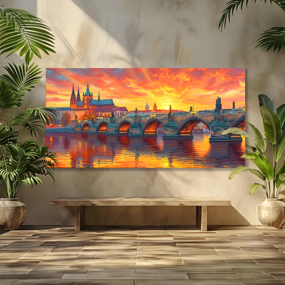 Tablou canvas cu tablou canvas cu apus de asfintit peste praga, fara rama, pe sasiu de lemn