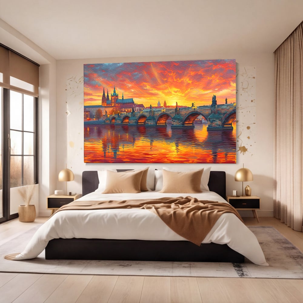 Tablou canvas cu tablou canvas cu apus de asfintit peste praga, fara rama, pe sasiu de lemn, pe perete intr-un dormitor