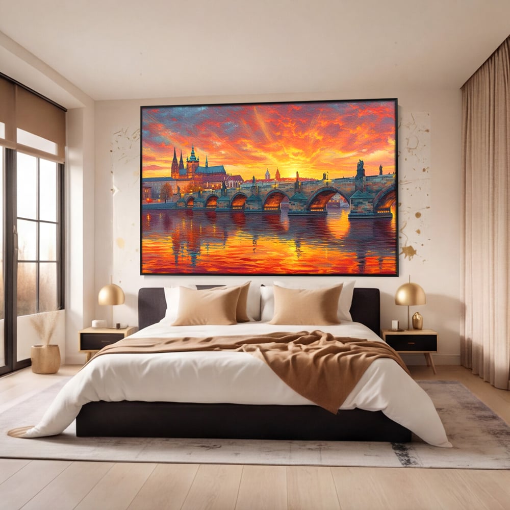 Tablou canvas cu tablou canvas cu apus de asfintit peste praga, in rama de aluminiu negru, pe perete intr-un dormitor