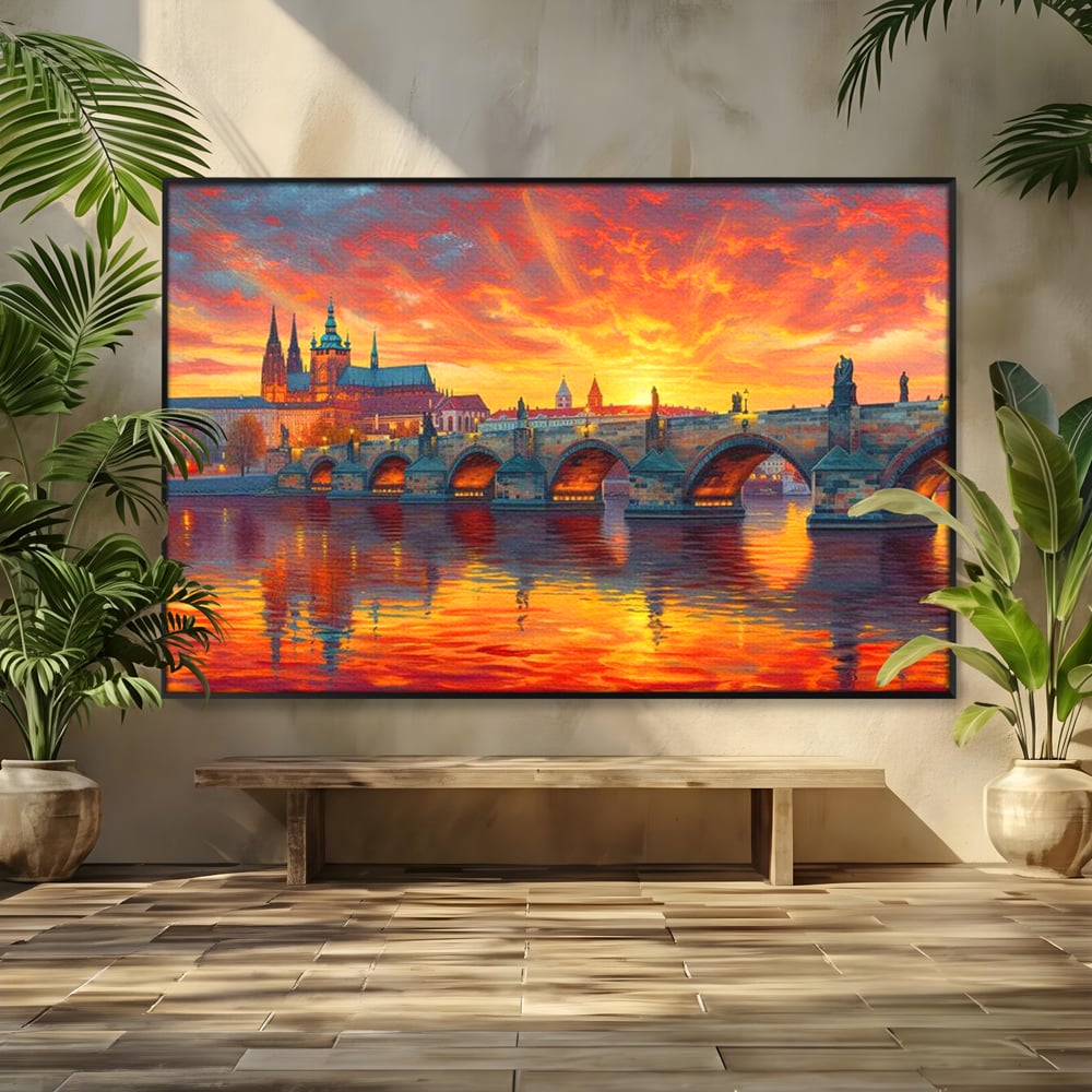 Tablou canvas cu tablou canvas cu apus de asfintit peste praga, in rama de aluminiu negru
