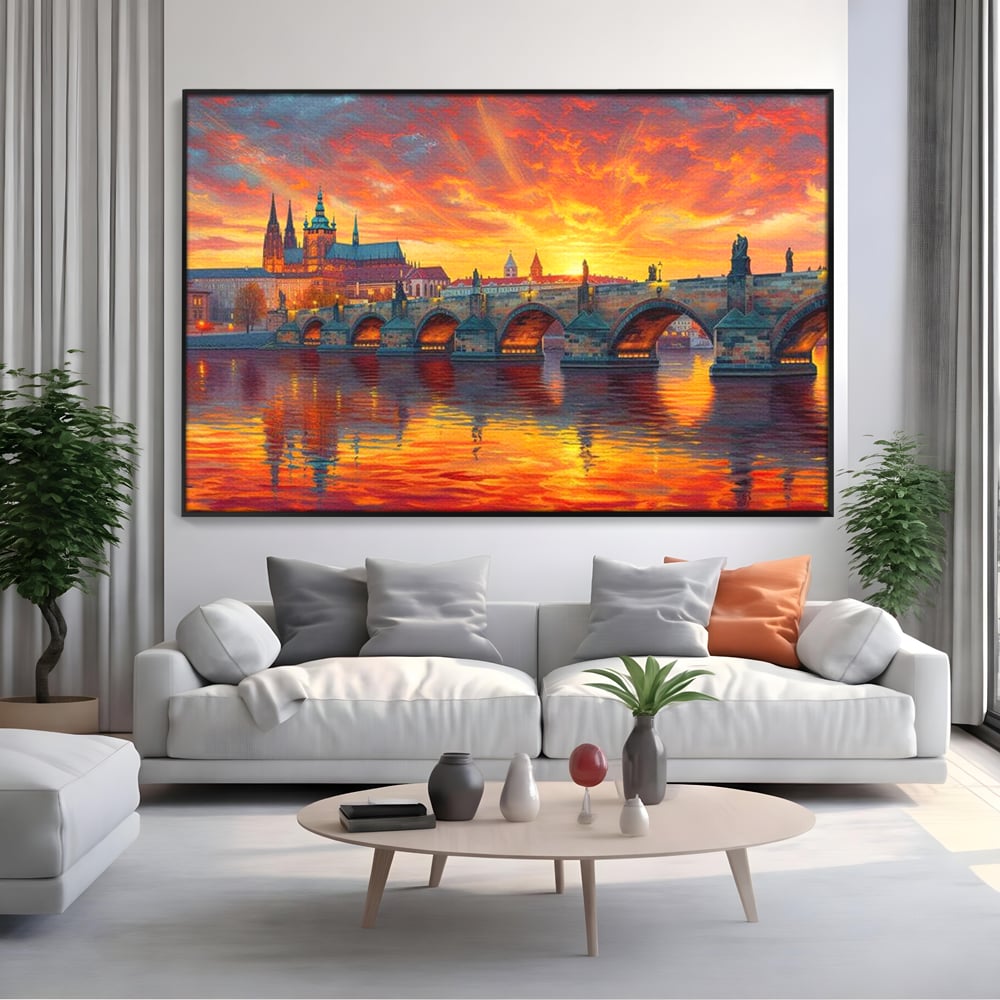 Tablou canvas cu tablou canvas cu apus de asfintit peste praga, in rama de aluminiu negru, pe perete intr-un living