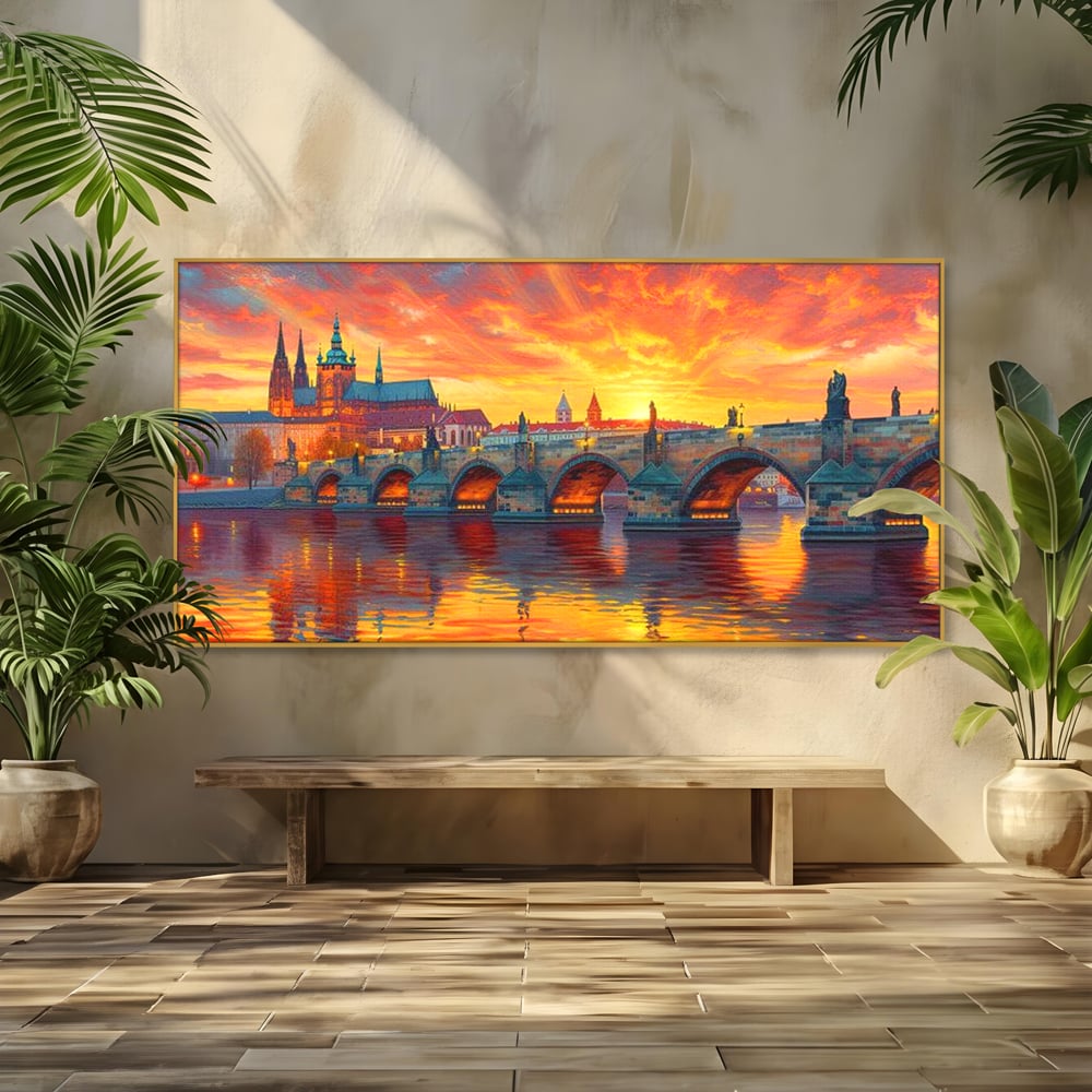 Tablou canvas cu tablou canvas cu apus de asfintit peste praga, in rama de aluminiu auriu