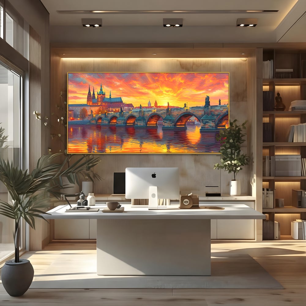 Tablou canvas cu tablou canvas cu apus de asfintit peste praga, in rama de aluminiu auriu, pe perete intr-un birou