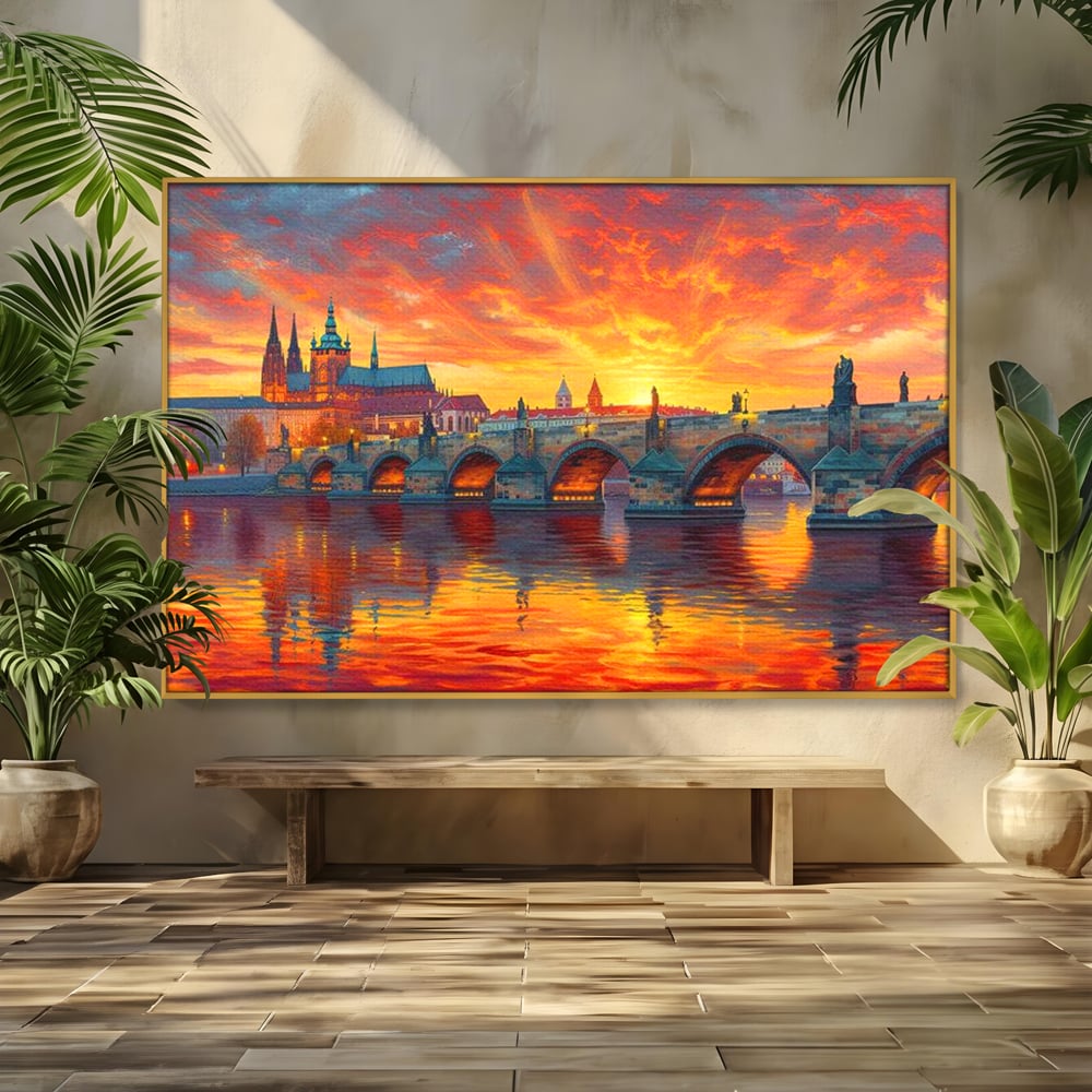 Tablou canvas cu tablou canvas cu apus de asfintit peste praga, in rama de aluminiu auriu
