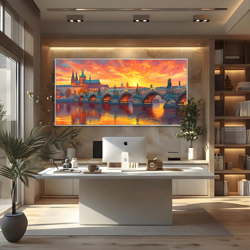 Tablou canvas cu tablou canvas cu apus de asfintit peste praga, in rama de aluminiu argintiu, pe perete intr-un birou