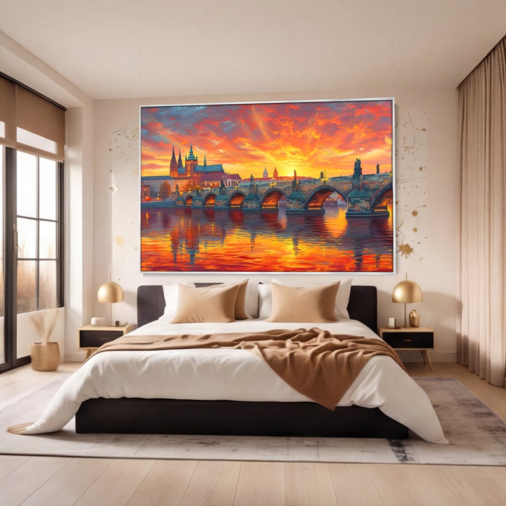 Tablou canvas cu tablou canvas cu apus de asfintit peste praga, in rama de aluminiu argintiu, pe perete intr-un dormitor