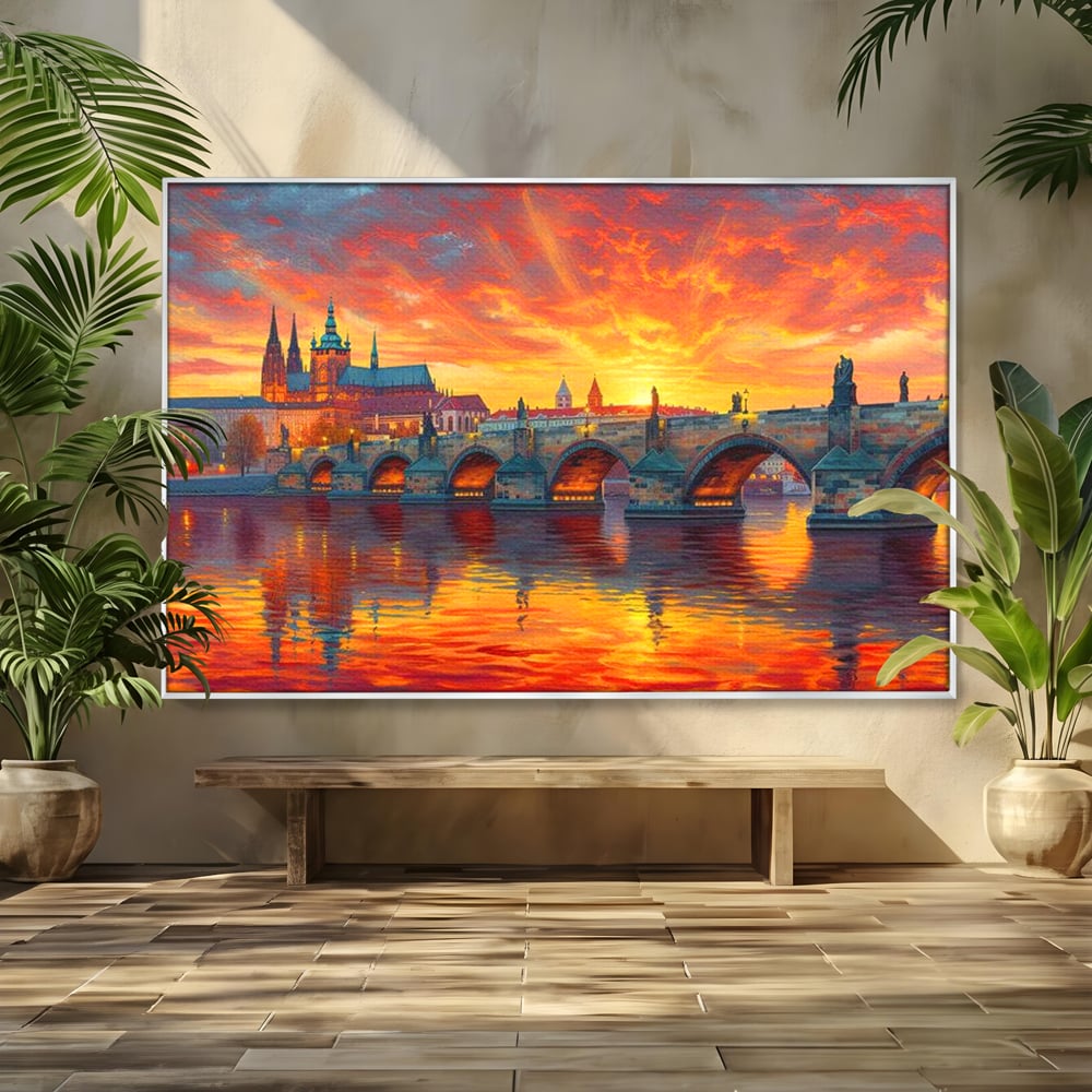 Tablou canvas cu tablou canvas cu apus de asfintit peste praga, in rama de aluminiu argintiu