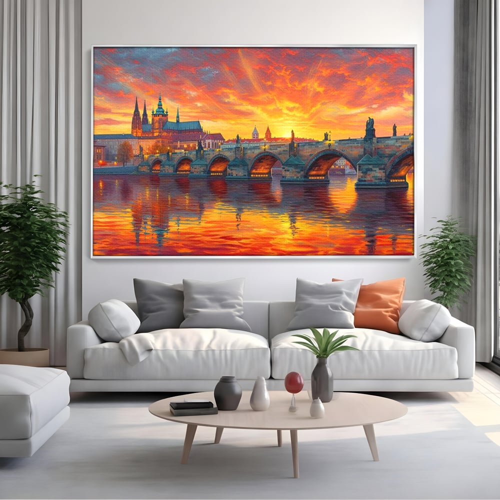 Tablou canvas cu tablou canvas cu apus de asfintit peste praga, in rama de aluminiu argintiu, pe perete intr-un living