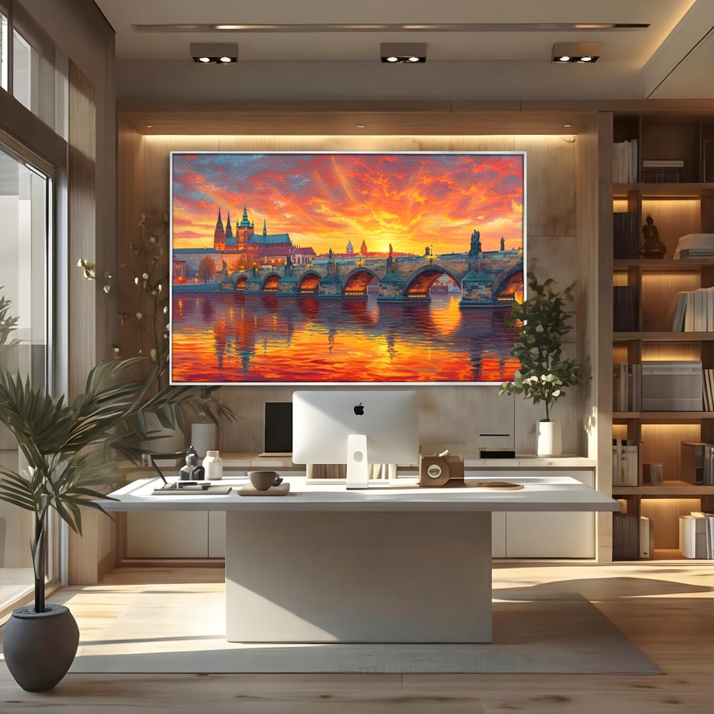 Tablou canvas cu tablou canvas cu apus de asfintit peste praga, in rama de aluminiu argintiu, pe perete intr-un birou