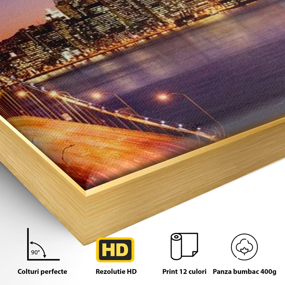 Detaliu al suprafetei: tablou canvas cu podul si orasul san francisco noaptea, in rama de aluminiu auriu