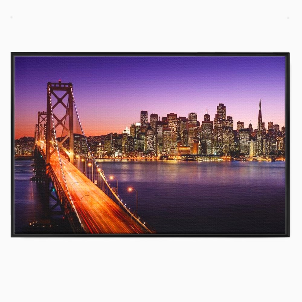 Tablou canvas cu tablou canvas cu podul si orasul san francisco noaptea, in rama de aluminiu negru