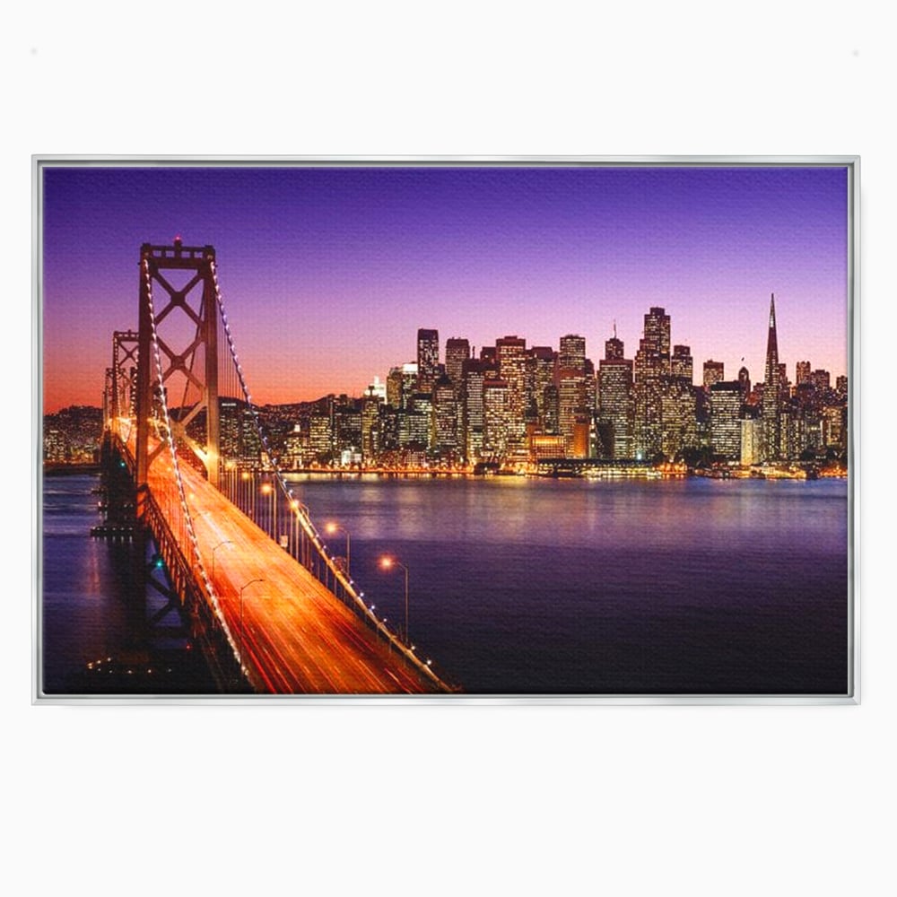 Tablou canvas cu tablou canvas cu podul si orasul san francisco noaptea, in rama de aluminiu argintiu