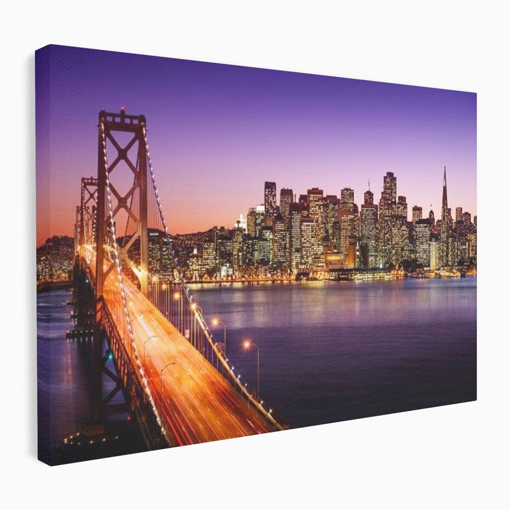 Tablou canvas cu tablou canvas cu podul si orasul san francisco noaptea, fara rama, pe sasiu de lemn