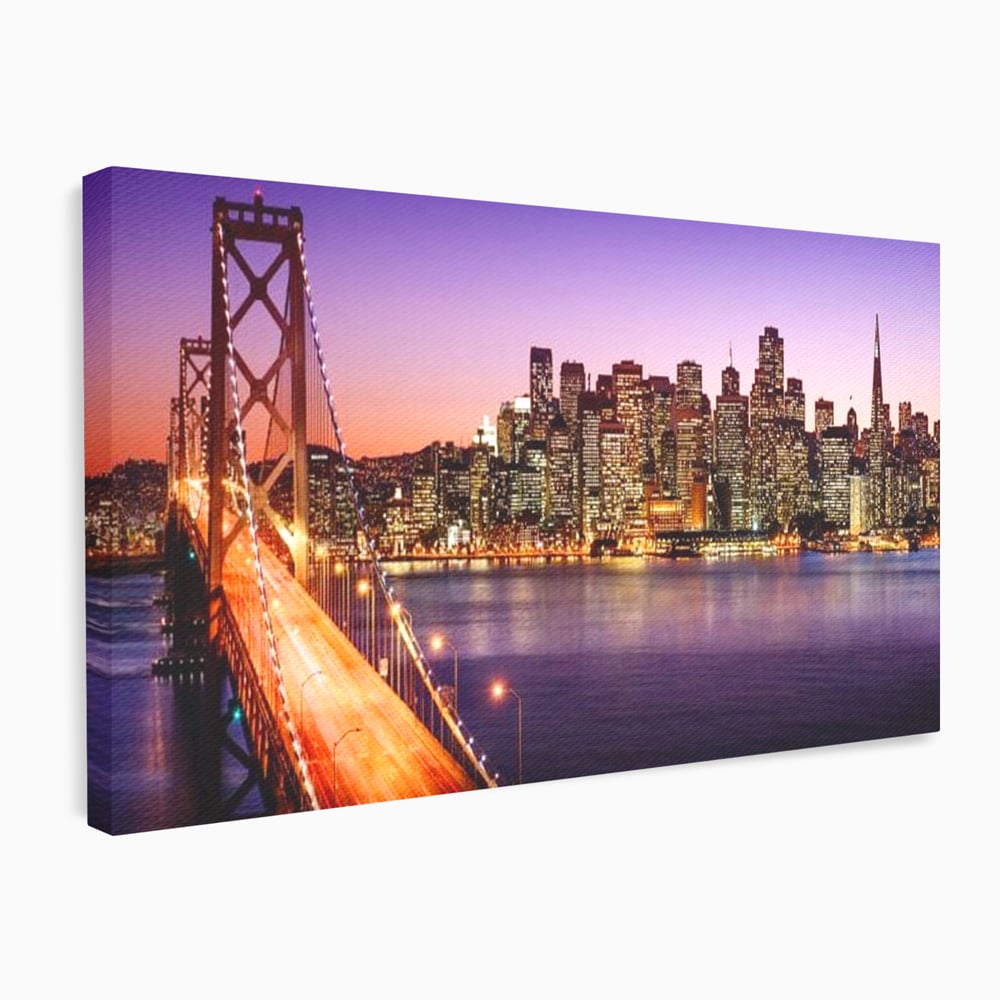 Tablou canvas cu tablou canvas cu podul si orasul san francisco noaptea, fara rama, pe sasiu de lemn