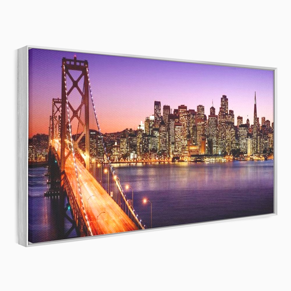 Tablou canvas cu tablou canvas cu podul si orasul san francisco noaptea, in rama de aluminiu argintiu