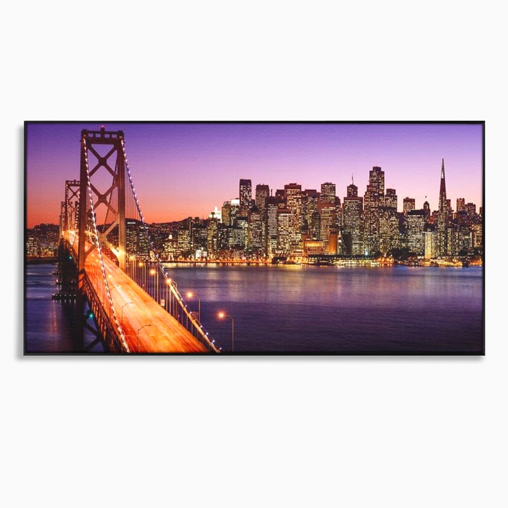 Tablou canvas cu tablou canvas cu podul si orasul san francisco noaptea, in rama de aluminiu negru