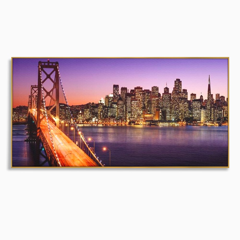 Tablou canvas cu tablou canvas cu podul si orasul san francisco noaptea, in rama de aluminiu auriu