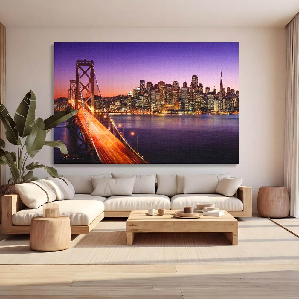 Tablou canvas cu tablou canvas cu podul si orasul san francisco noaptea, fara rama, pe sasiu de lemn, pe perete intr-un living