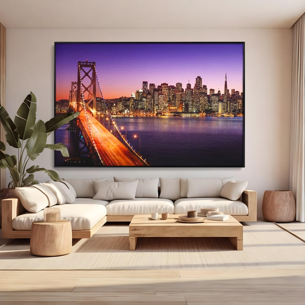 Tablou canvas cu tablou canvas cu podul si orasul san francisco noaptea, in rama de aluminiu negru, pe perete intr-un living