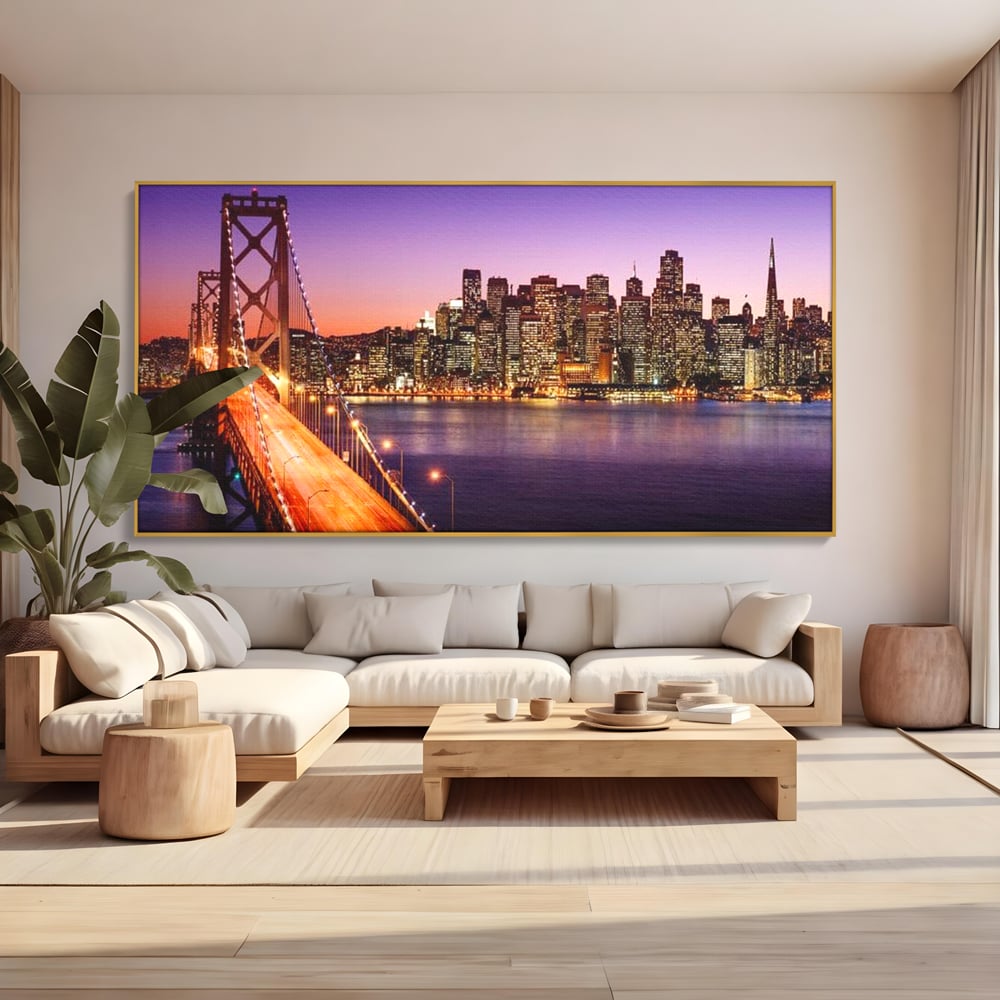 Tablou canvas cu tablou canvas cu podul si orasul san francisco noaptea, in rama de aluminiu auriu, pe perete intr-un living