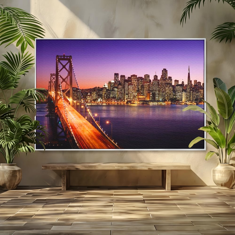 Tablou canvas cu tablou canvas cu podul si orasul san francisco noaptea, in rama de aluminiu argintiu