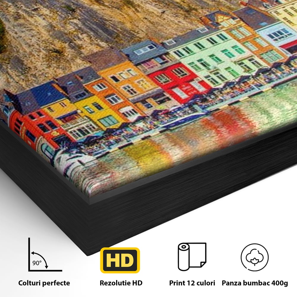 Detaliu al suprafetei: tablou canvas peisaj urban belgia, in rama de aluminiu negru