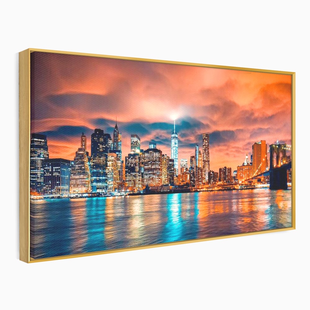 Tablou canvas cu tablou canvas cu peisaj urban nocturn, in rama de aluminiu auriu