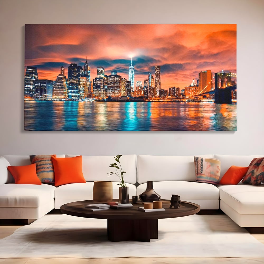 Tablou canvas cu tablou canvas cu peisaj urban nocturn, fara rama, pe sasiu de lemn, pe perete intr-un living