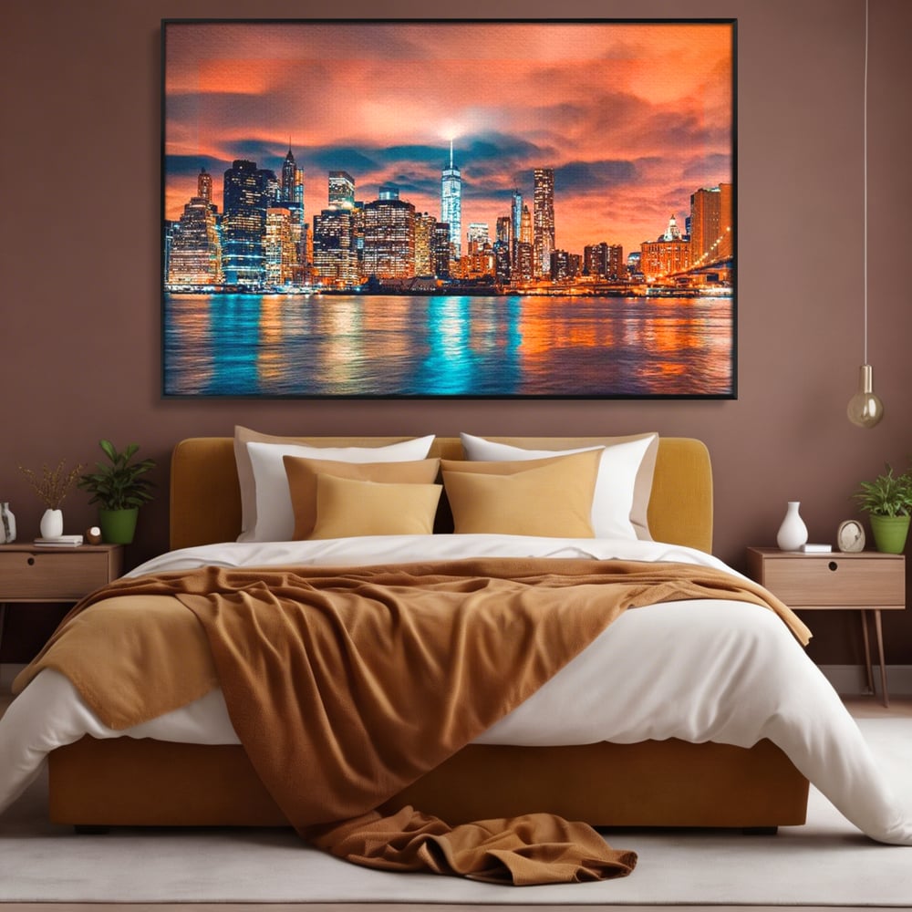 Tablou canvas cu tablou canvas cu peisaj urban nocturn, in rama de aluminiu negru, pe perete intr-un dormitor