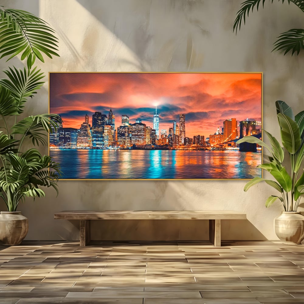 Tablou canvas cu tablou canvas cu peisaj urban nocturn, in rama de aluminiu auriu