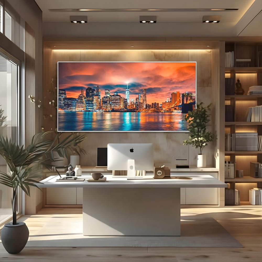 Tablou canvas cu tablou canvas cu peisaj urban nocturn, in rama de aluminiu argintiu, pe perete intr-un birou