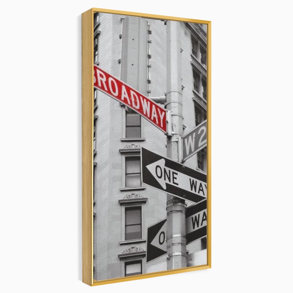 Tablou canvas cu tablou canvas cu indicatorul broadway, in rama de aluminiu auriu