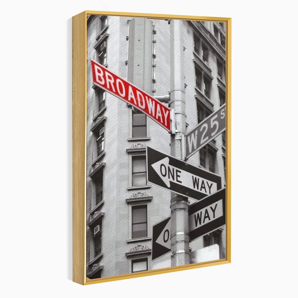 Tablou canvas cu tablou canvas cu indicatorul broadway, in rama de aluminiu auriu