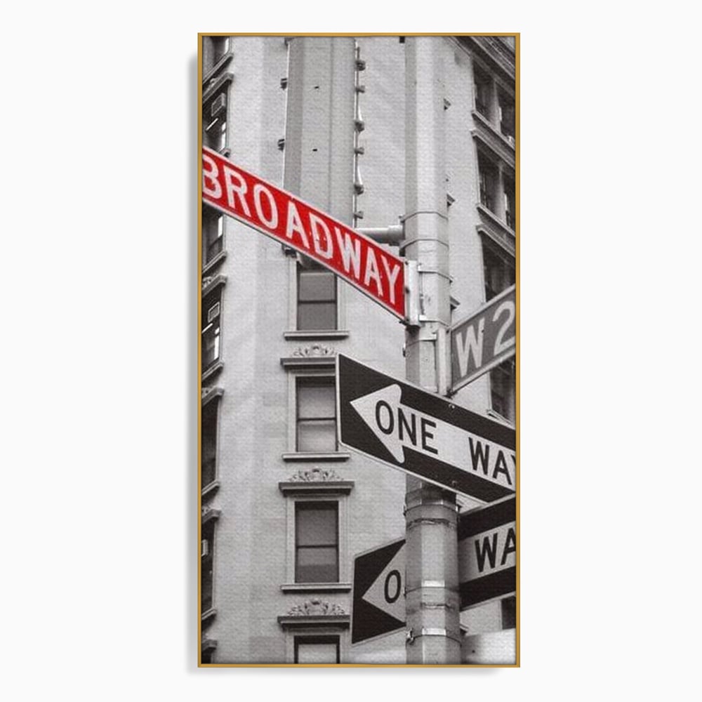 Tablou canvas cu tablou canvas cu indicatorul broadway, in rama de aluminiu auriu