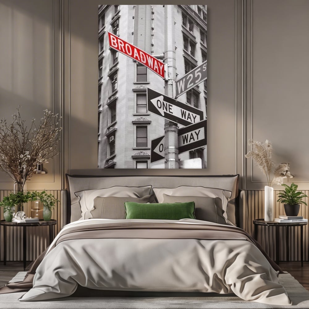 Tablou canvas cu tablou canvas cu indicatorul broadway, fara rama, pe sasiu de lemn, pe perete intr-un dormitor