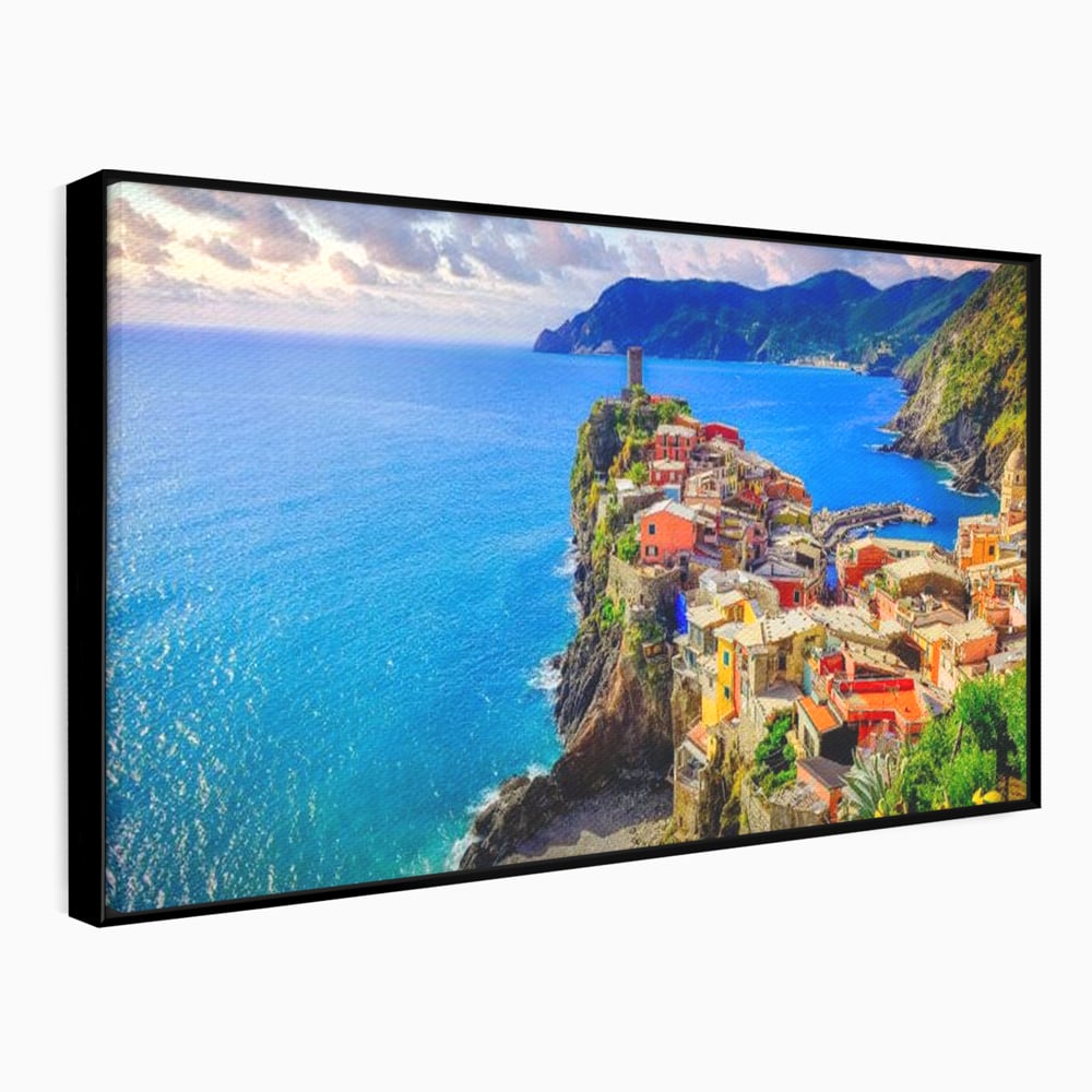 Tablou canvas cu peisaj costier italian cu sat colorat pe stanca, in rama de aluminiu negru