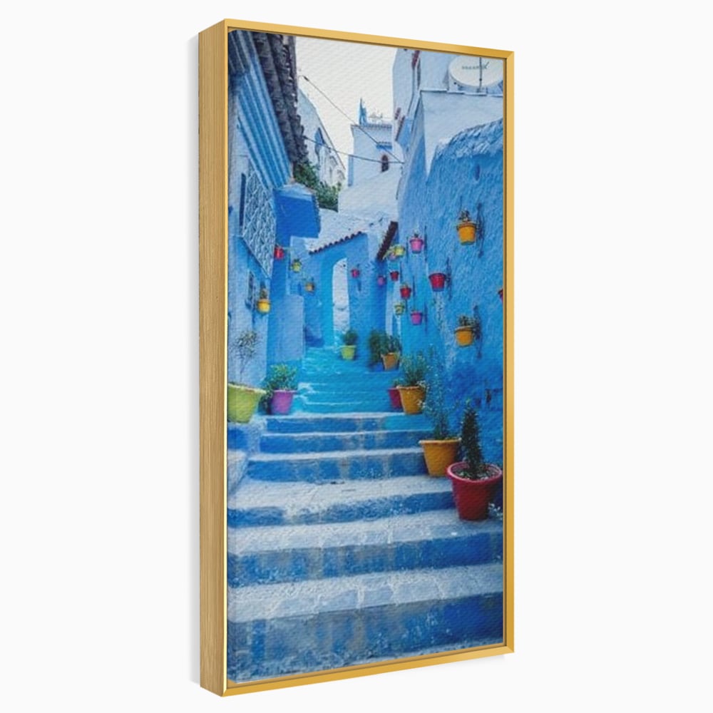 Tablou canvas cu tablou canvas cu straduta albastra din maroc, in rama de aluminiu auriu