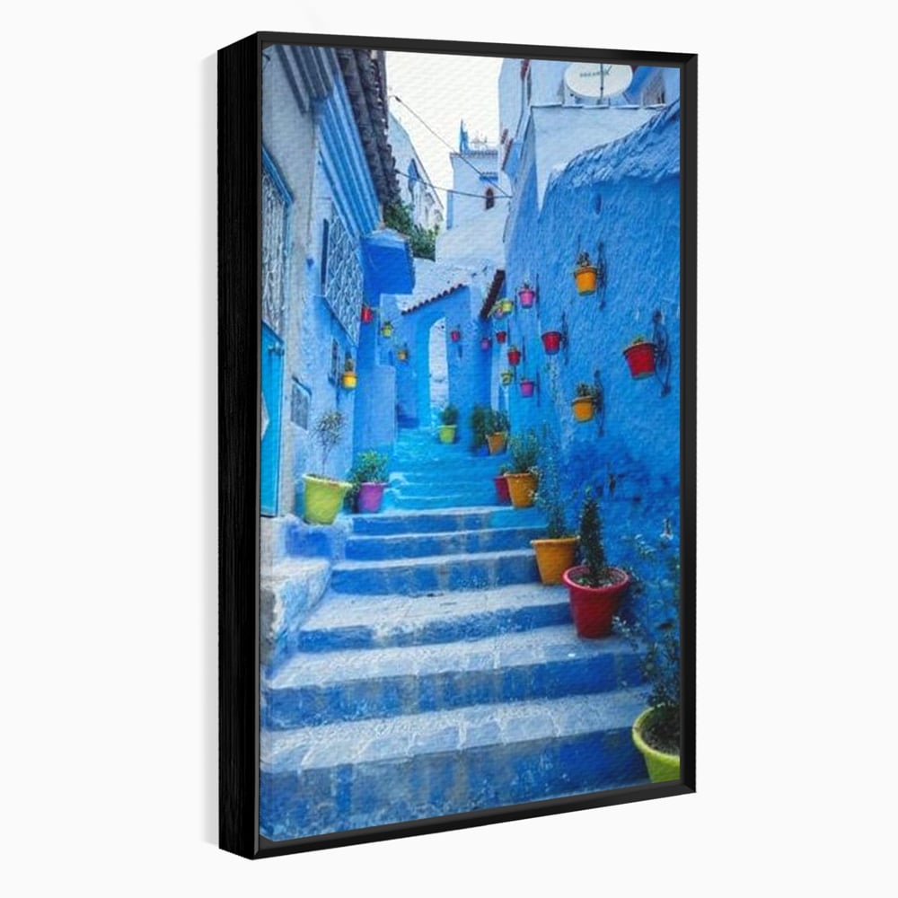 Tablou canvas cu tablou canvas cu straduta albastra din maroc, in rama de aluminiu negru