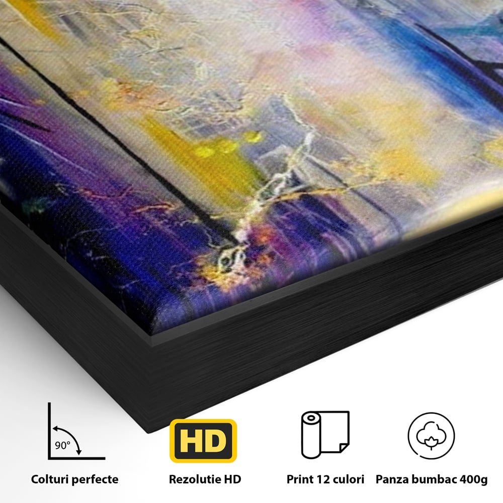 Detaliu al suprafetei: pictura stradala cu iluminat nocturn, in rama de aluminiu negru