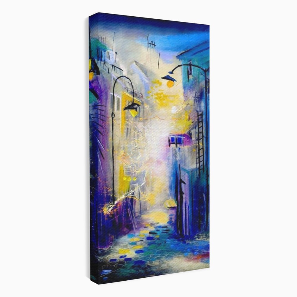 Tablou canvas cu pictura stradala cu iluminat nocturn, fara rama, pe sasiu de lemn