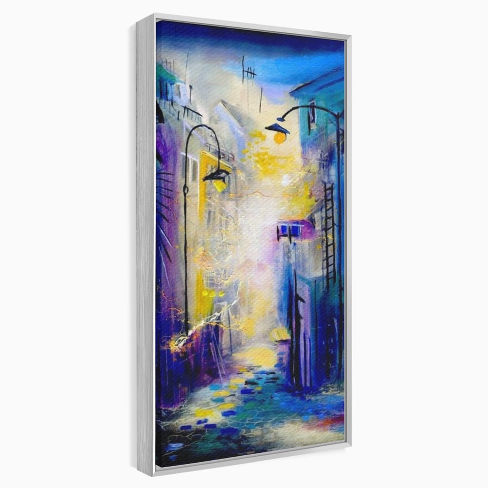 Tablou canvas cu pictura stradala cu iluminat nocturn, in rama de aluminiu argintiu
