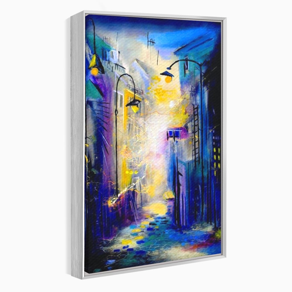 Tablou canvas cu pictura stradala cu iluminat nocturn, in rama de aluminiu argintiu