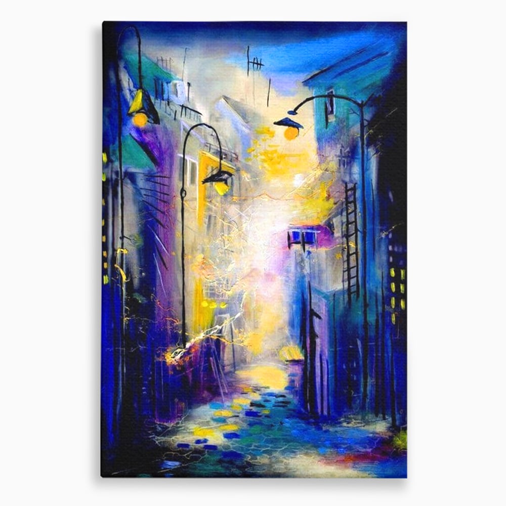 Tablou canvas cu pictura stradala cu iluminat nocturn, fara rama, pe sasiu de lemn