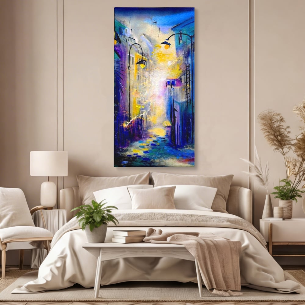 Tablou canvas cu pictura stradala cu iluminat nocturn, fara rama, pe sasiu de lemn, pe perete intr-un dormitor