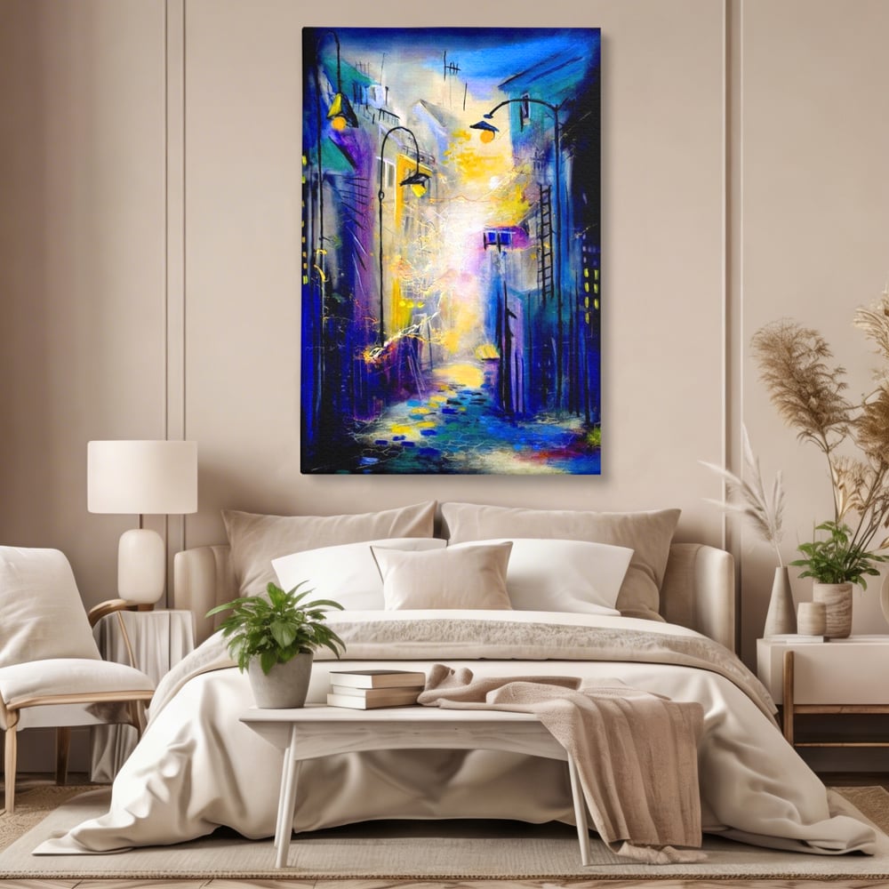 Tablou canvas cu pictura stradala cu iluminat nocturn, fara rama, pe sasiu de lemn, pe perete intr-un dormitor