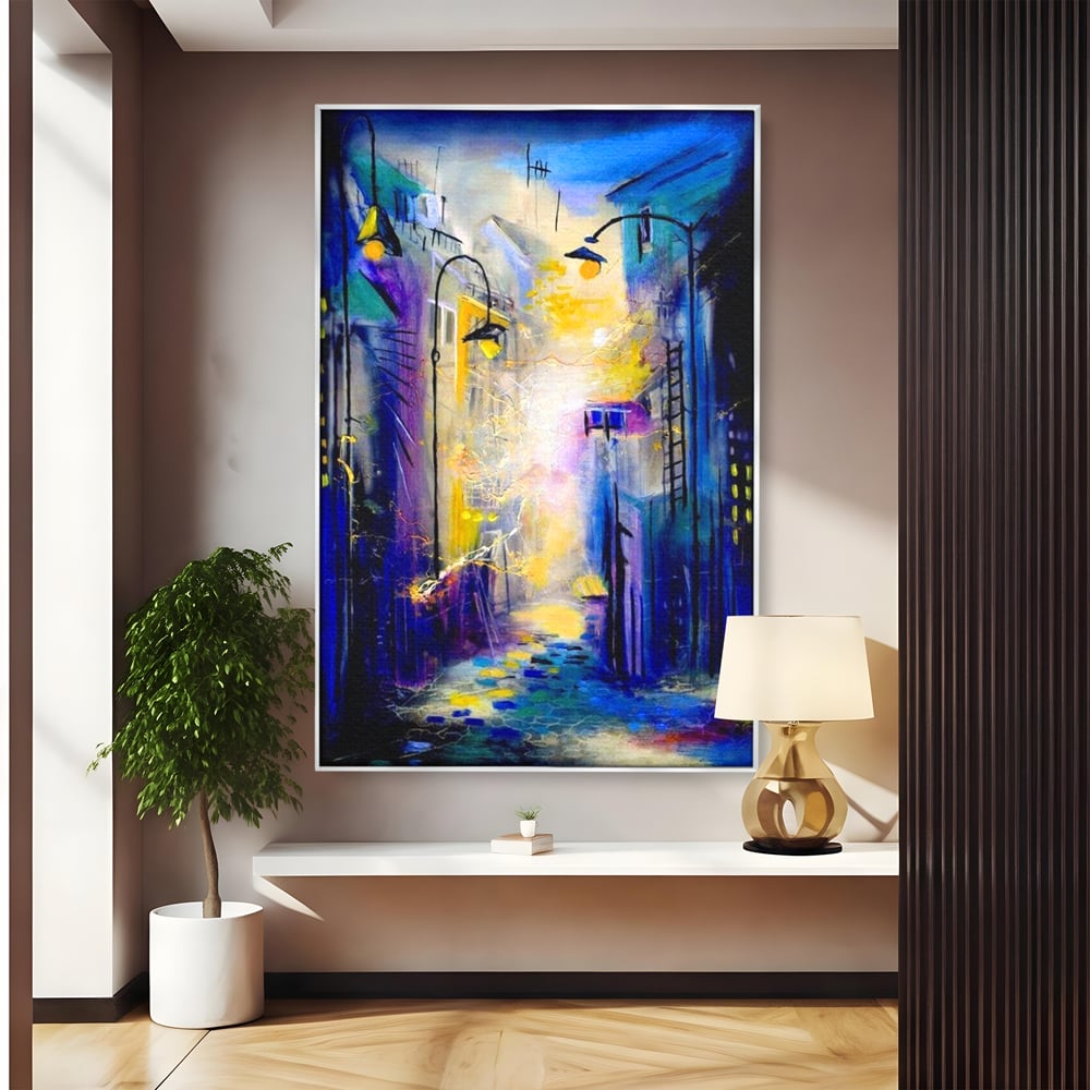 Tablou canvas cu pictura stradala cu iluminat nocturn, in rama de aluminiu argintiu