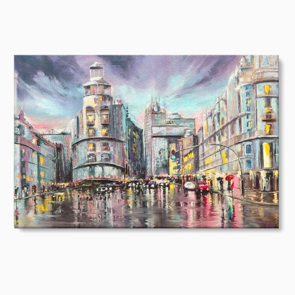 Tablou canvas cu pictura urbana cu strada ploioasa, fara rama, pe sasiu de lemn