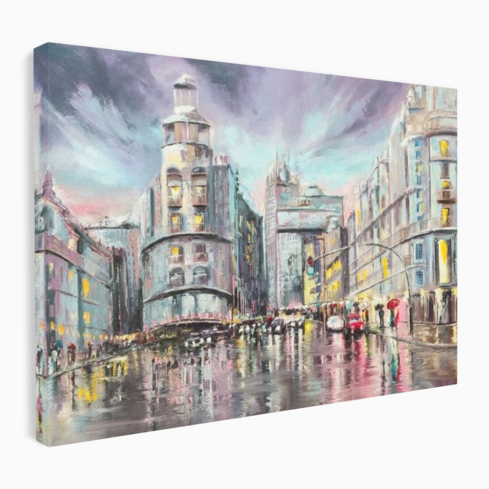 Tablou canvas cu pictura urbana cu strada ploioasa, fara rama, pe sasiu de lemn