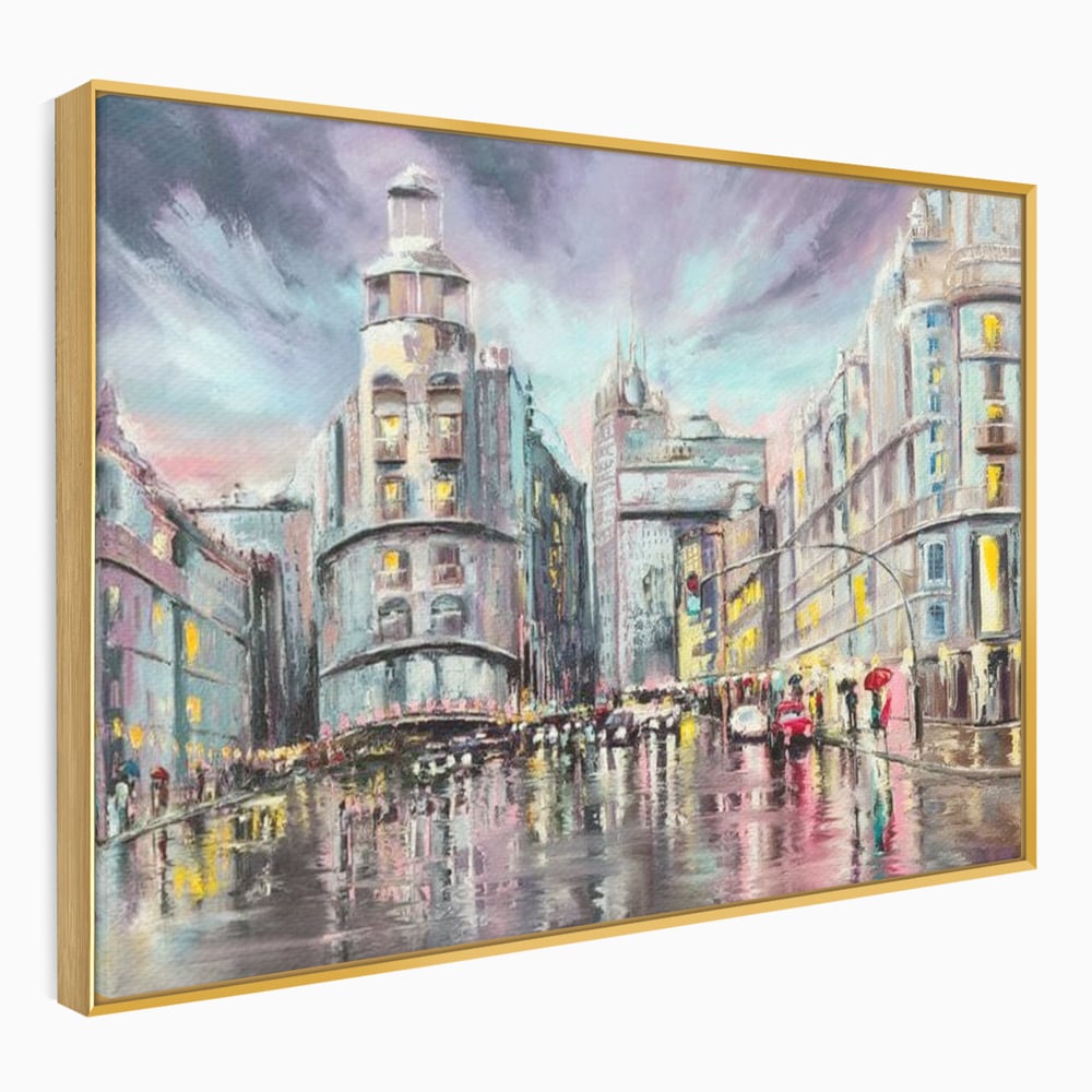 Tablou canvas cu pictura urbana cu strada ploioasa, in rama de aluminiu auriu